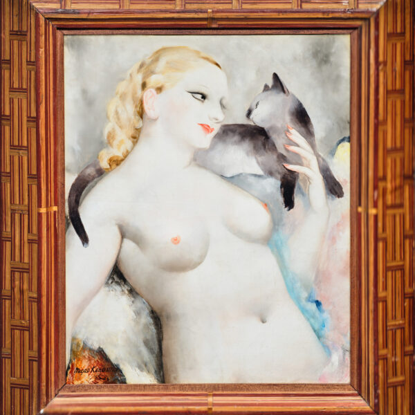 « Femme au chat », huile sur carton, Miçao Kono (1900-1979), 1934, vue 2