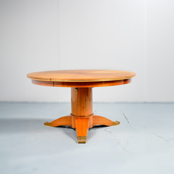 Jules Leleu table basse transformable 1956 acajou blond marqueterie rayonnante système télescopique allonges