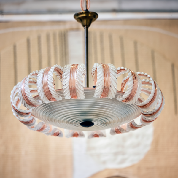 Suspension florale Venini verre soufflé lattimo pulegoso seize feuilles de palmier circa 1935