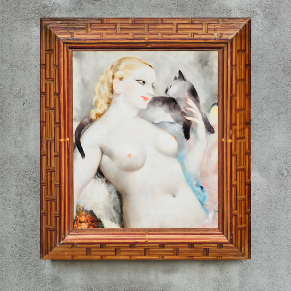 Miçao Kono Femme au chat huile sur carton 1934 cadre Art Déco marqueterie de paille