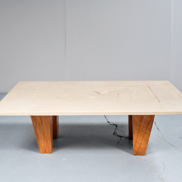 Table basse en travertin et bois, Pablo Reinoso (né en 1955), vers 1986, vue 2