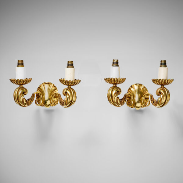 Paire d’appliques Marcel Asselbur bronze doré motif végétal deux bras de lumière circa 1950