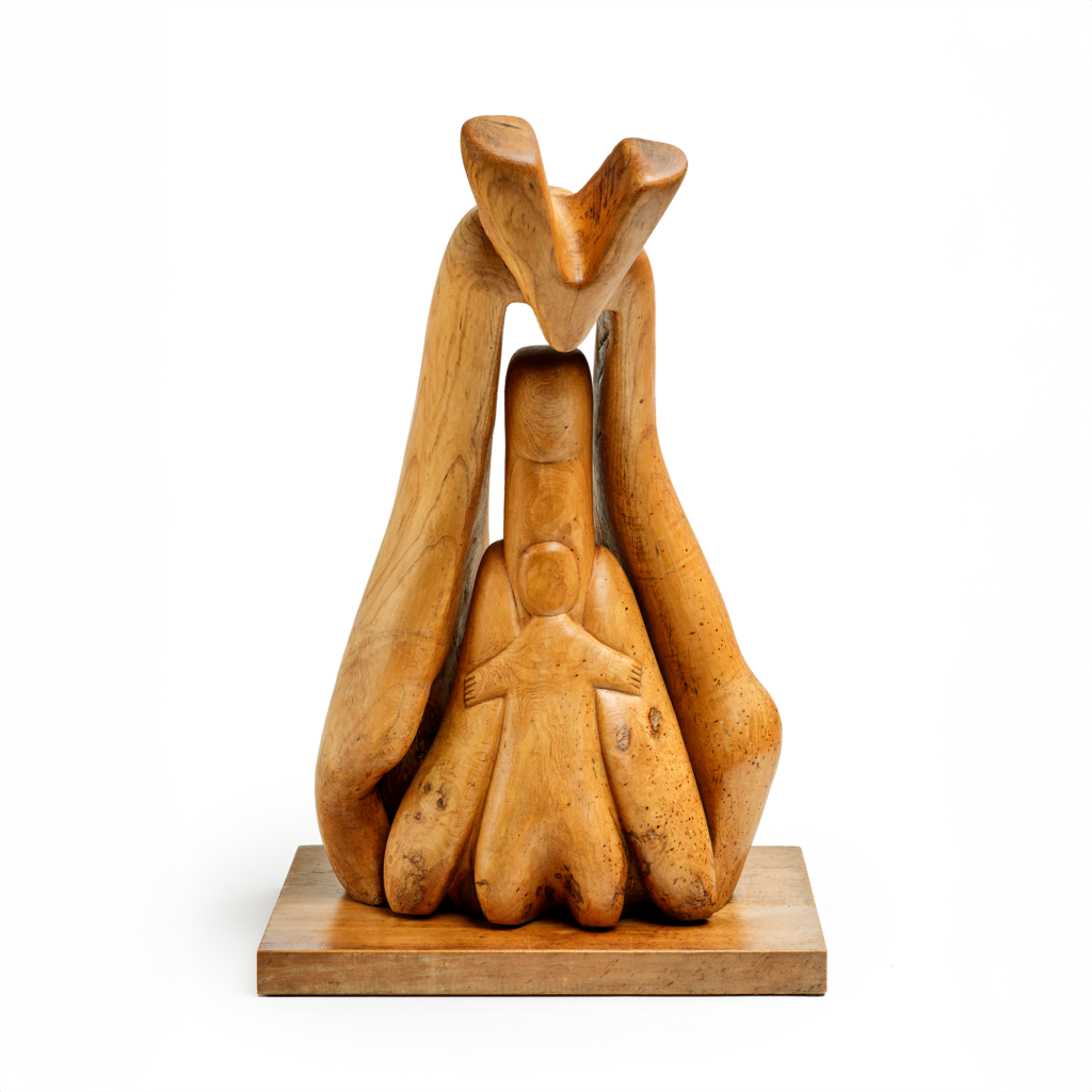 “Le Renard, la Femme et l’Enfant”, wood sculpture, Gérard Voisin (1933-2018), circa 1970
