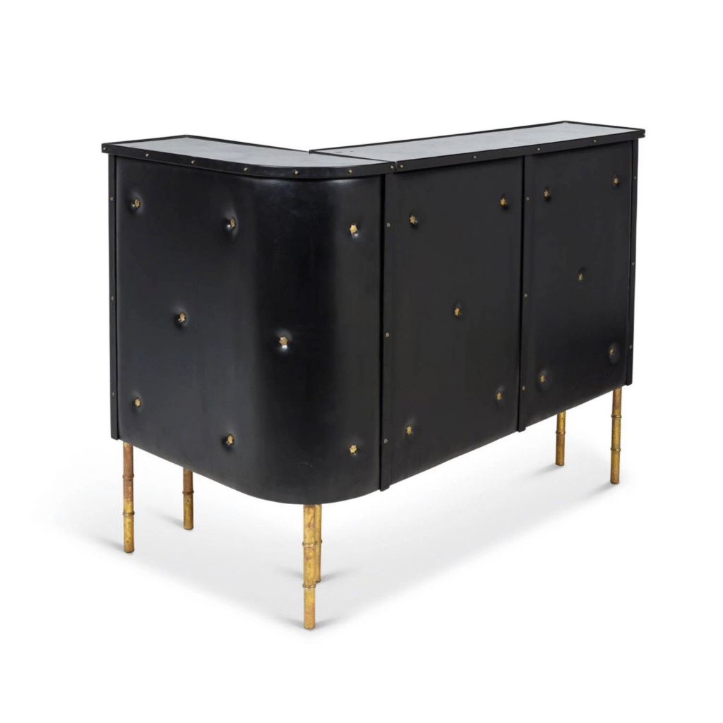 Bar en cuir noir capitonné et laiton, Jacques Adnet (1900-1984), vers 1960