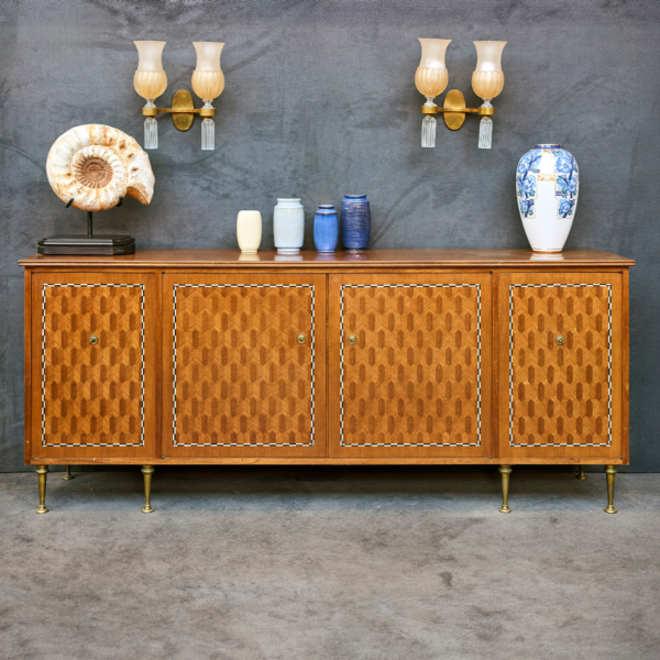 Jules Leleu buffet sycomore incrustations nacre marqueterie base bronze doré circa 1960
