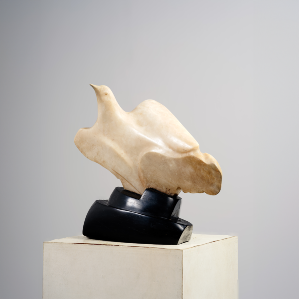 Maurice Lambert Femme à l’oiseau impression d’albâtre base bois ébonisé monogramme ML 7339 circa 1930