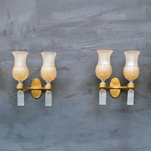 Paire d’appliques Véronèse verre de Murano soufflé Coroso monture métal doré ca. 1950