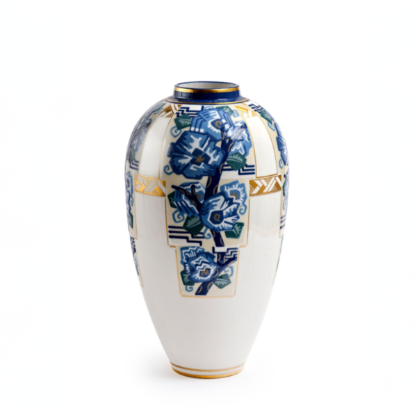 Vase ovoïde Sèvres porcelaine col étranglé décor floral géométrique bleu doré cachet Mlle Né