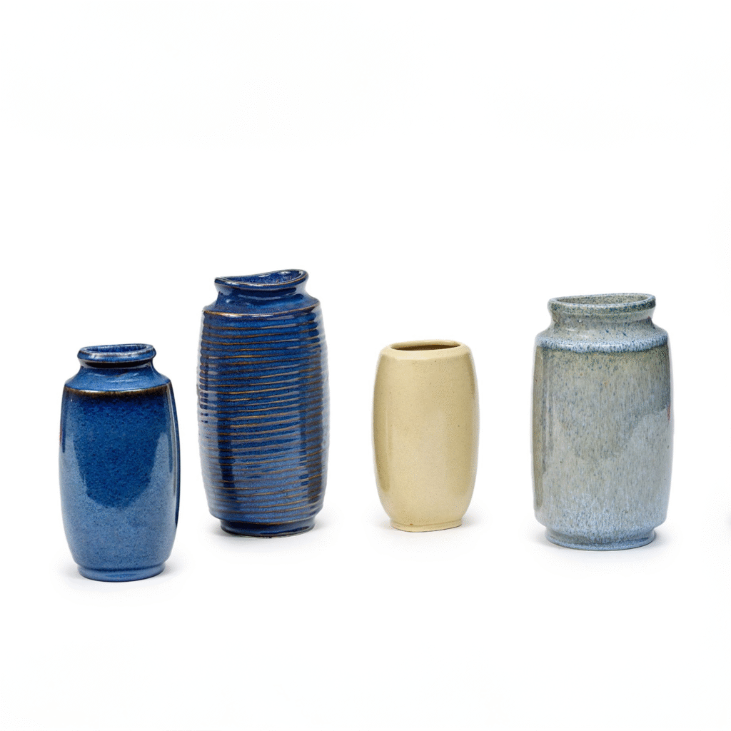 Suite de quatre vases en céramique bleue et crème, Pierre Fouquet (1909-2002), vers 1945