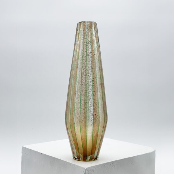 Vase A fasce Seguso verre soufflé vert jaune ambre éclats feuilles d’or ca. 1950 signature Veronese 2/2