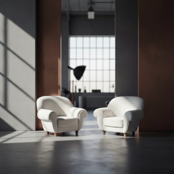 Paire de fauteuils goût André Groult laine de mouton moderne piètement toupie godronné noyer vers 1935