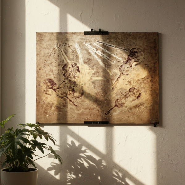 Pierre Bobot Violons et clarinettes panneau laque synthétique feuilles d’or signé monogrammé