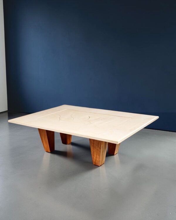Coffee table in travertine and wood, circa 1986