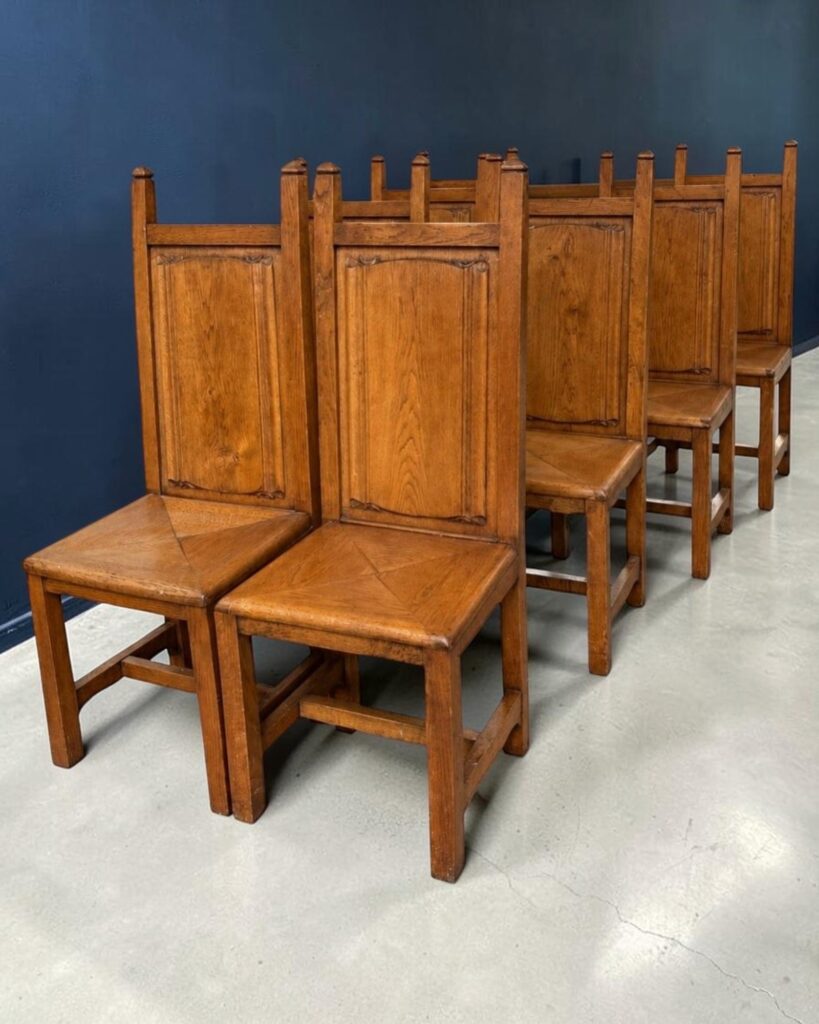 Set of eight neo-Gothic chairs in solid wood, French work, circa 1950