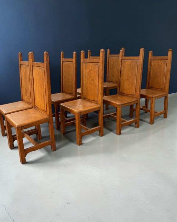 Set of eight neo-Gothic chairs in solid wood, French work, circa 1950, view 4
