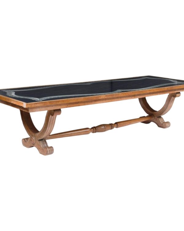 Table de salle à manger en chêne cérusé et verre peint, Félix Davin (1902-1976), vers 1940