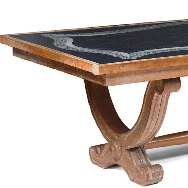 Table de salle à manger en chêne cérusé et verre peint, Félix Davin (1902-1976), vers 1940, vue 2